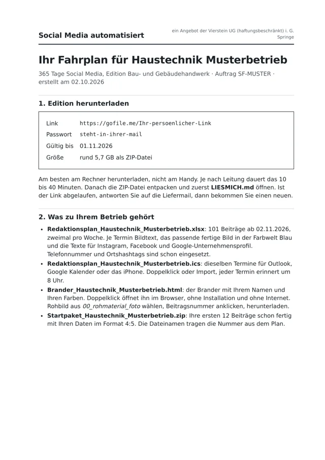 Erste Seite des Fahrplans für einen erfundenen Haustechnikbetrieb mit Download-Zugang und den ersten vier Wochen