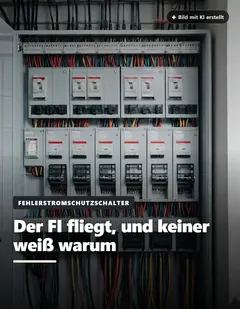 Beispielbeitrag „Der FI fliegt, und keiner weiß warum“: Geöffnete Verteilung, in der ein Fehlerstromschutzschalter zwischen den Leitungsschutzschaltern ausgelöst hat