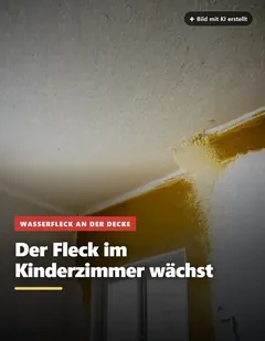 Beispielbeitrag „Der Fleck im Kinderzimmer wächst“: Ein gelblicher Wasserfleck breitet sich in der Ecke einer weißen Zimmerdecke aus