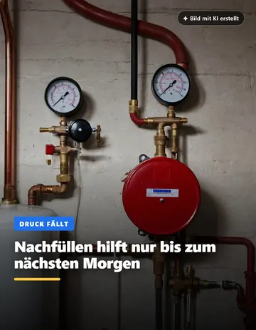 Beitrag „Nachfüllen hilft nur bis zum nächsten Morgen“: Manometer und rotes Ausdehnungsgefäß an einer Kellerwand