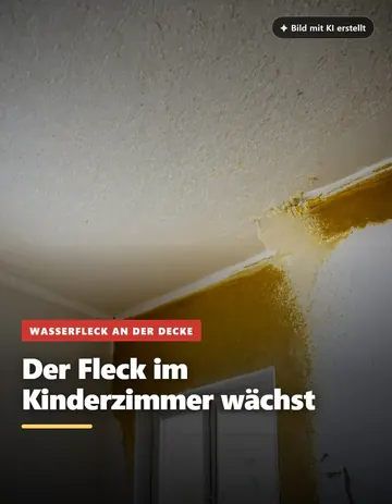Wasserfleck an einer Zimmerdecke, Überschrift Der Fleck im Kinderzimmer wächst