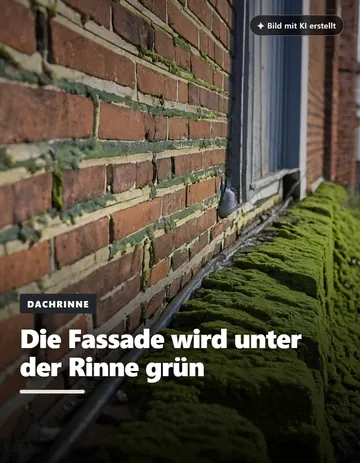 Beitrag „Die Fassade wird unter der Rinne grün“: Klinkerwand mit grünem Bewuchs unter einem Fallrohr