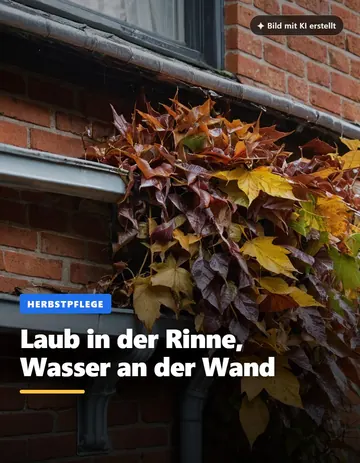 Beitrag „Laub in der Rinne, Wasser an der Wand“: Dachrinne voller Herbstlaub an einem Backsteinhaus