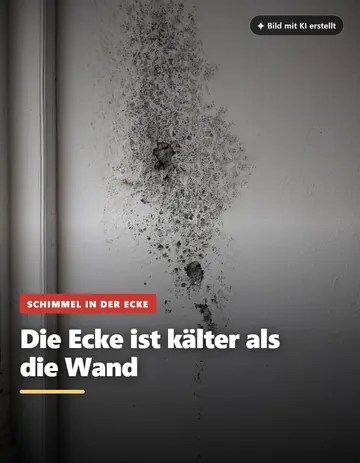Beitrag „Die Ecke ist kälter als die Wand“: dunkle Schimmelflecken in einer weißen Zimmerecke