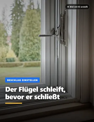 Beitrag „Der Flügel schleift, bevor er schließt“: geöffneter Fensterflügel mit Beschlag, dahinter ein Garten