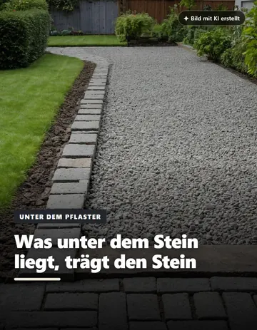 Beitrag „Was unter dem Stein liegt, trägt den Stein“: frisch angelegter Weg mit Kies, Randsteinen und Rasen