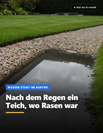 Beitrag „Nach dem Regen ein Teich, wo Rasen war“: große Pfütze auf einem Rasen neben einem Kiesstreifen