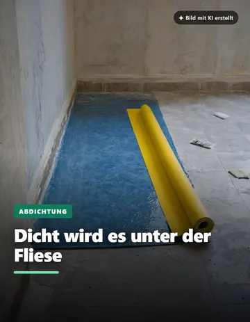 Duschbereich im Rohbau mit Abdichtung, Überschrift Dicht wird es unter der Fliese