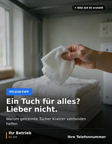Beitrag „Ein Tuch für alles? Lieber nicht“ als Muster: Hände halten ein feuchtes Mikrofasertuch über einen Stapel sauber gefalteter Tücher auf einem Metallregal.