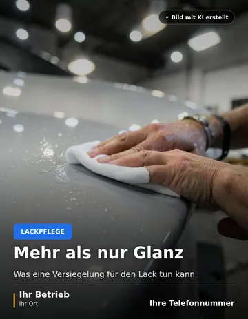 Beitrag „Mehr als nur Glanz“ als Muster: Eine Hand wischt mit einem Mikrofasertuch über eine glänzende Motorhaube, in der sich die Hallenstrahler spiegeln.