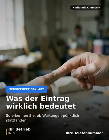 Beitrag „Was der Eintrag wirklich bedeutet“ als Muster: Zwei Hände halten ein aufgeschlagenes Serviceheft, ein Finger zeigt auf einen Eintrag. Im Hintergrund unscharf eine Werkstatt.
