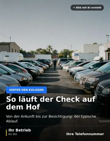 Beitrag „So läuft der Check auf dem Hof“ als Muster: Sonniges Außengelände eines Autohandels mit mehreren geparkten Fahrzeugen. In der Ferne geht eine Person, von hinten zu sehen, zwischen den Autos.