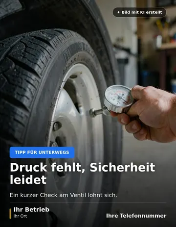 Beitrag „Druck fehlt, Sicherheit leidet“ als Muster: Nahaufnahme von Reifenprofil und Felge, eine Hand hält einen Reifendruckprüfer an das Ventil. Im Hintergrund ein Garagenboden.