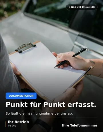 Beitrag „Punkt für Punkt erfasst“ als Muster: Hände halten ein Klemmbrett mit leeren Blättern und einen Stift, daneben die Tür eines Autos bei Tageslicht.