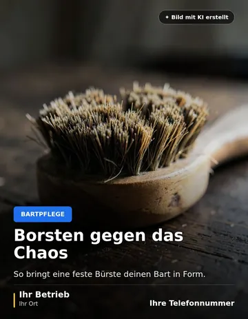 Beitrag „Borsten gegen das Chaos“ als Muster: Nahaufnahme einer Bartbürste mit Naturborsten auf einer dunklen Holzfläche im weichen Morgenlicht.