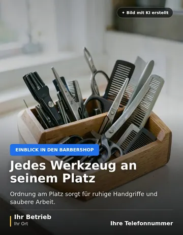 Beitrag „Jedes Werkzeug an seinem Platz“ als Muster: Haarschneidemaschinen, Scheren und Kämme stehen ordentlich sortiert in einem Holzorganizer auf einer Theke.