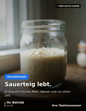 Beitrag „Sauerteig lebt“ als Muster: Ein Glas mit aktivem, blasigem Sauerteig auf einem Holzregal im weichen Fensterlicht.