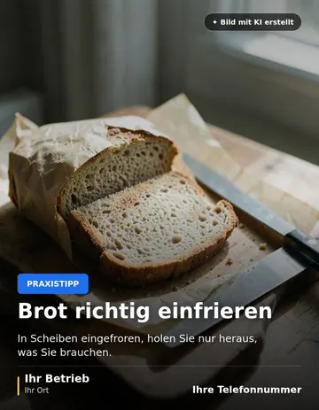 Beitrag „Brot richtig einfrieren“ als Muster: Brotscheiben in Backpapier auf einem Holzbrett, daneben ein Messer, seitlich fällt Fensterlicht ein.
