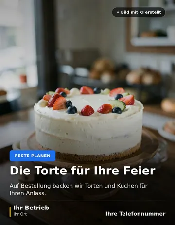 Beitrag „Die Torte für Ihre Feier“ als Muster: Eine mit Sahne und Früchten verzierte Torte auf einem hölzernen Tortenständer.