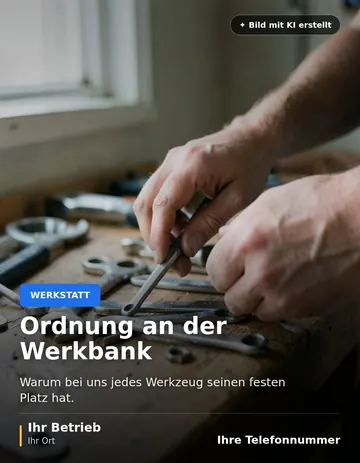 Beitrag „Ordnung an der Werkbank“ als Muster: Hände ordnen Schraubenschlüssel auf einer Werkbank aus Holz, seitlich fällt Morgenlicht ein.
