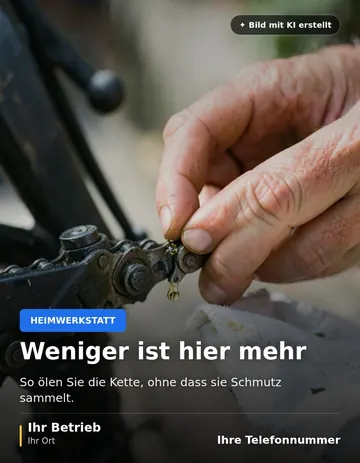 Beitrag „Weniger ist hier mehr“ als Muster: Hände träufeln einen Tropfen Öl auf ein Glied einer Fahrradkette, daneben liegt ein Tuch zum Abwischen bereit.