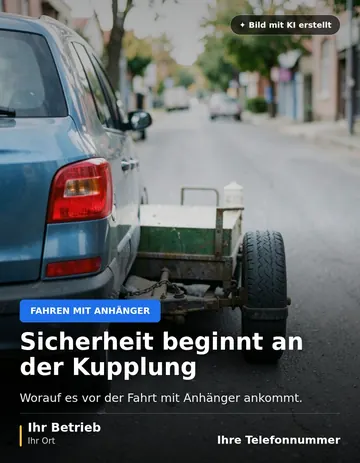 Beitrag „Sicherheit beginnt an der Kupplung“ als Muster: Rückansicht eines Autos mit angekuppeltem kleinem Anhänger auf einer ruhigen Straße bei Tageslicht.
