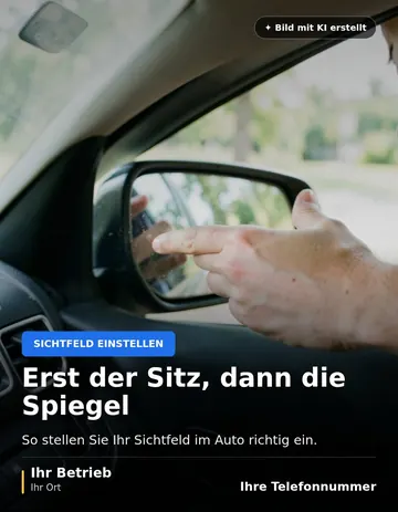 Beitrag „Erst der Sitz, dann die Spiegel“ als Muster: Eine Hand greift aus dem Wageninneren zum Außenspiegel und stellt ihn ein, natürliches Licht.