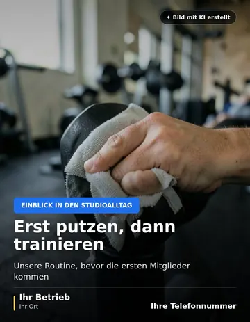 Beitrag „Erst putzen, dann trainieren“ als Muster: Eine Hand reinigt den Griff einer Kurzhantel mit einem Mikrofasertuch, im unscharfen Hintergrund stehen Trainingsgeräte.
