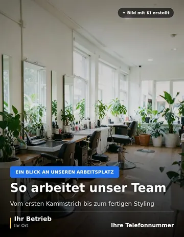Beitrag „So arbeitet unser Team“ als Muster: Heller Friseursalon mit aufgeräumten Arbeitsplätzen, Spiegeln, Pflanzen und großen Fenstern.