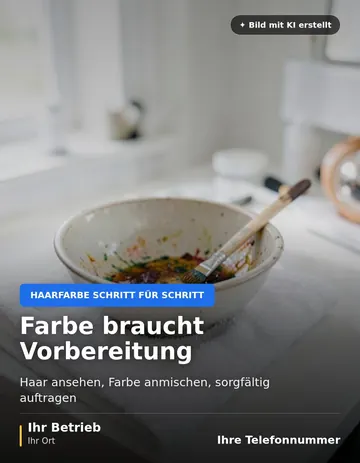 Beitrag „Farbe braucht Vorbereitung“ als Muster: Färbeschale mit angemischter Haarfarbe und Färbepinsel auf einem weißen Handtuch im hellen Salon.