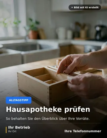 Beitrag „Hausapotheke prüfen“ als Muster: Hände sortieren kleine Gegenstände in die Fächer einer Holzbox auf einem Küchentisch.