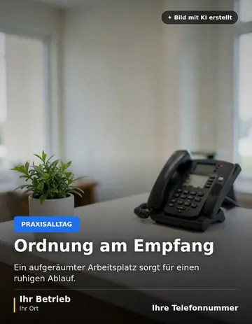 Beitrag „Ordnung am Empfang“ als Muster: Ein aufgeräumter Empfangstresen mit einer kleinen Pflanze und einem Telefon auf einer hellen Fläche.