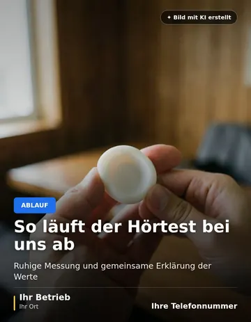 Beitrag „So läuft der Hörtest bei uns ab“ als Muster: Eine Hand hält einen kleinen, glatten Ohrabdruck vor einem unscharfen, hellen Beratungsraum.