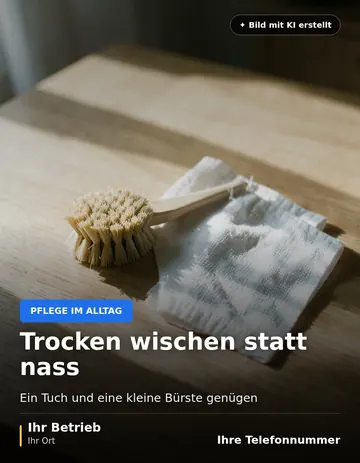 Beitrag „Trocken wischen statt nass“ als Muster: Ein kleines Reinigungsbürstchen und ein trockenes Mikrofasertuch liegen nebeneinander auf einem hellen Holztisch im Morgenlicht.