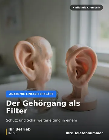 Beitrag „Der Gehörgang als Filter“ als Muster: Eine kleine Glasschale mit klarer Flüssigkeit steht neben einem anatomischen Ohrmodell auf einer hellen Theke.