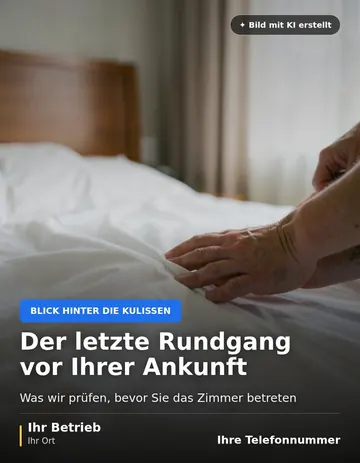 Beitrag „Der letzte Rundgang vor Ihrer Ankunft“ als Muster: Hände glätten den weißen Bettbezug auf einem frisch bezogenen Hotelbett im Morgenlicht.