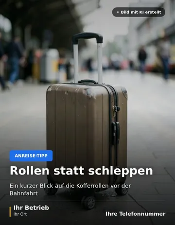 Beitrag „Rollen statt schleppen“ als Muster: Ein Rollkoffer steht aufrecht auf einem gepflasterten Bahnsteig im weichen Tageslicht.