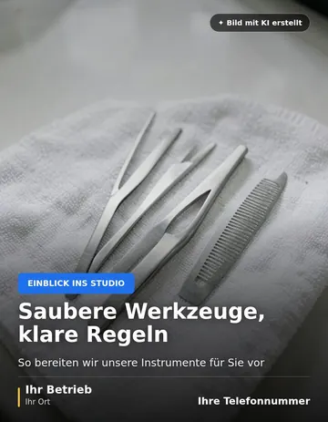 Beitrag „Saubere Werkzeuge, klare Regeln“ als Muster: Pinzetten und Kämme aus Edelstahl liegen ordentlich nebeneinander auf einem weißen Handtuch.