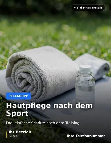 Beitrag „Hautpflege nach dem Sport“ als Muster: Gerolltes Handtuch und kleine Wasserflasche auf einer Yogamatte im Freien, im Hintergrund grünes Gras im Tageslicht.