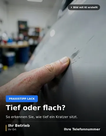 Beitrag „Tief oder flach?“ als Muster: Eine Hand tastet in einer hellen Werkstatt einen Kratzer am Kotflügel eines Autos ab.