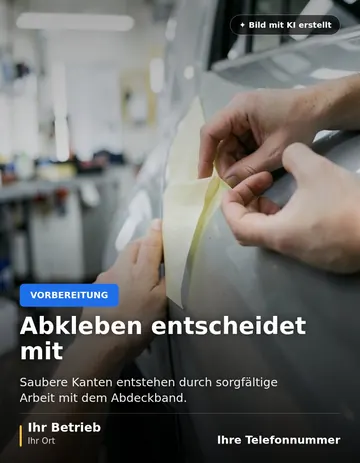 Beitrag „Abkleben entscheidet mit“ als Muster: Zwei Hände kleben in einer hellen Werkstatt einen Kotflügel mit Abdeckband ab.