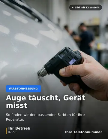 Beitrag „Auge täuscht, Gerät misst“ als Muster: Eine Hand hält ein Farbmessgerät an die lackierte Tür eines Autos.