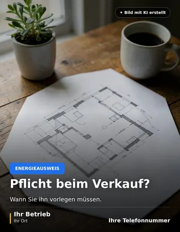 Beitrag „Pflicht beim Verkauf?“ als Muster: Ein Grundriss liegt auf einem Holztisch neben einer Pflanze und einem Kaffeebecher.