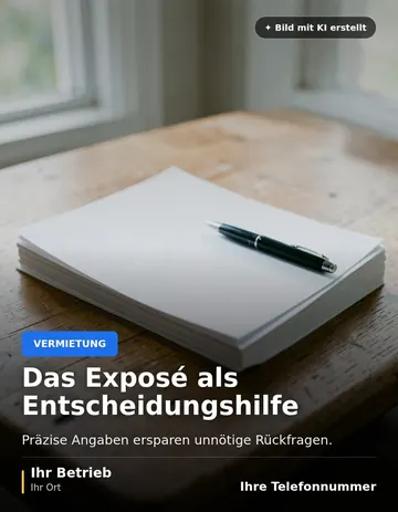 Beitrag „Das Exposé als Entscheidungshilfe“ als Muster: Ein ordentlicher Stapel weißer Blätter liegt auf einem Holztisch, obenauf ein Stift, helles Licht vom Fenster.