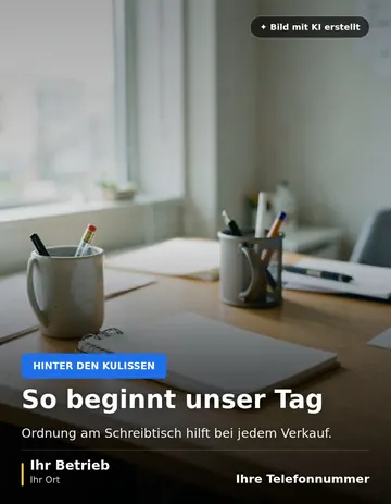 Beitrag „So beginnt unser Tag“ als Muster: Ein aufgeräumter Schreibtisch mit Notizbuch und Stiftbehälter bei hellem Tageslicht.