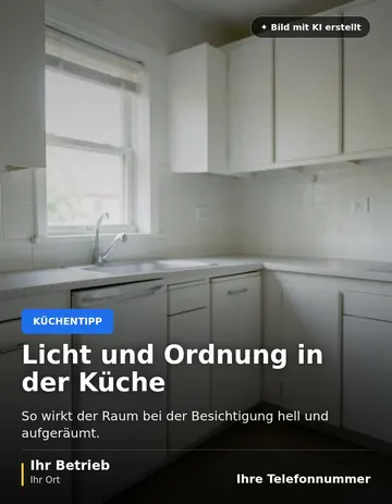 Beitrag „Licht und Ordnung in der Küche“ als Muster: Eine helle, aufgeräumte Küche mit weißen Schränken und einem Fenster, durch das Tageslicht fällt.