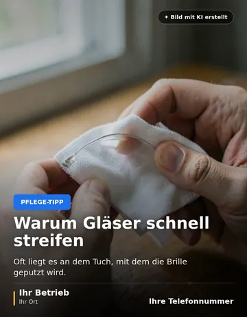 Beitrag „Warum Gläser schnell streifen“ als Muster: Zwei Hände wischen ein Brillenglas mit einem gefalteten Mikrofasertuch ab, im Hintergrund ein unscharfer Holztisch.