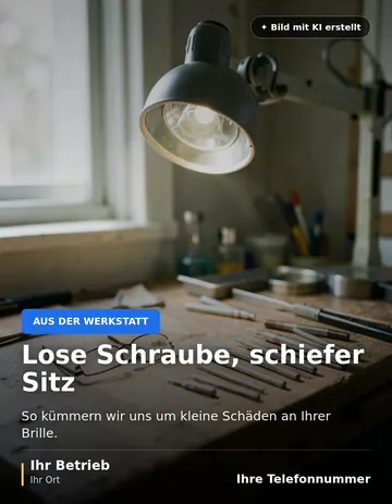 Beitrag „Lose Schraube, schiefer Sitz“ als Muster: Werkbank mit einer Brille und feinen Schraubendrehern in einer Ablage, darüber eine Lupenleuchte.