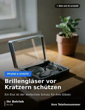 Beitrag „Brillengläser vor Kratzern schützen“ als Muster: Ein geöffnetes Brillenetui mit einer zusammengeklappten Brille liegt auf einem hölzernen Nachttisch, dahinter unscharf eine kleine Topfpflanze.