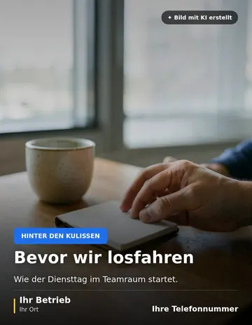 Beitrag „Bevor wir losfahren“ als Muster: Zwei Hände legen ein kleines Notizbuch auf einen Holztisch, daneben steht eine Tasse Kaffee.
